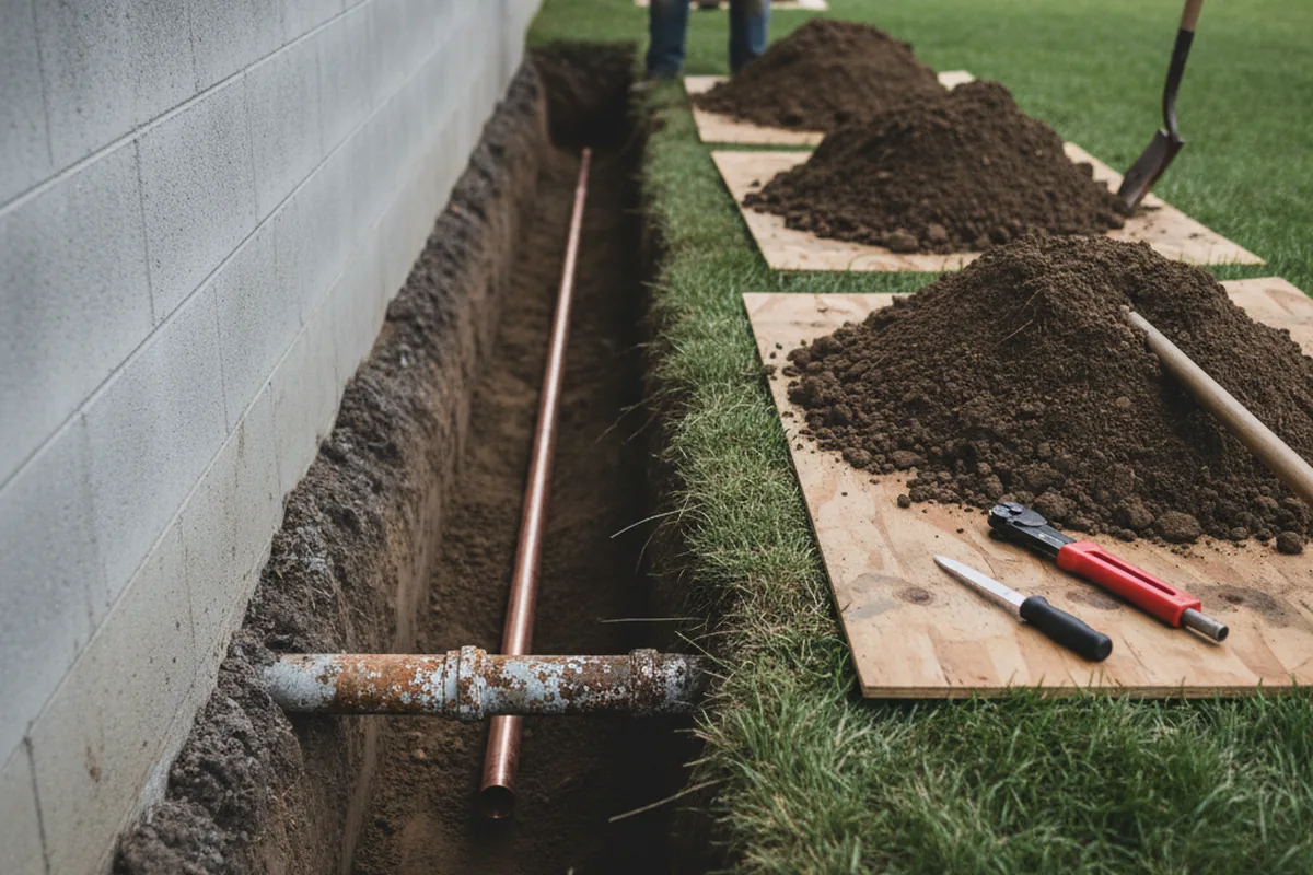 Excavated water line trench during Sewer Line Repair in Humboldt